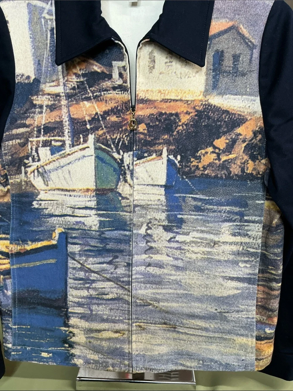 St John Sport Scenic Harbor Print Zip-Front Navy Jacket Sz small #2343